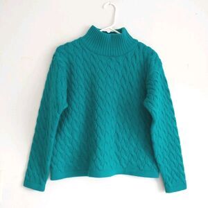 Vtg Classiques Sweater Womens XS/M*Green Merino Wool Oversized Cable Knit Funnel